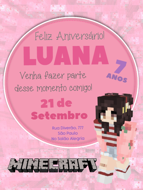 Convite de Aniversário Minecraft Menina para Editar Online Convite de Aniversário Minecraft Menina para Editar Online