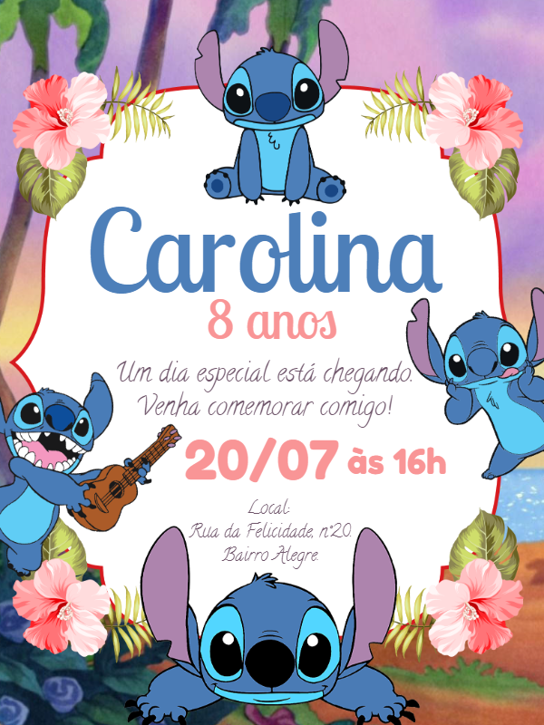 Convite de Aniversário Stitch Tropical para Editar Online Convite de Aniversário Stitch Tropical para Editar Online
