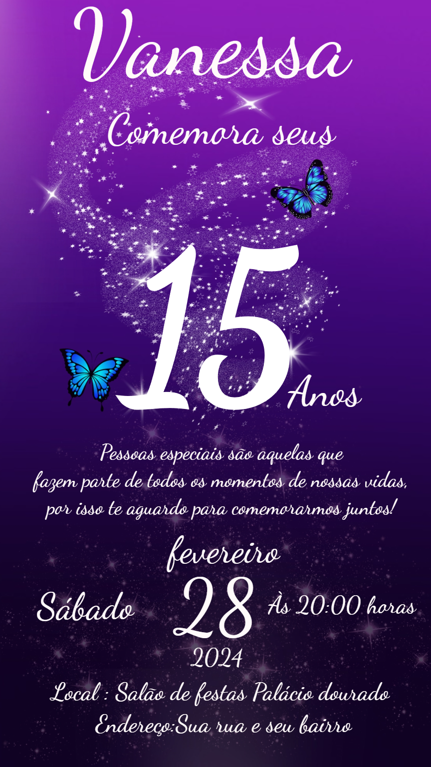 Convite de 15 Anos Roxo com Borboletas para Editar Online
