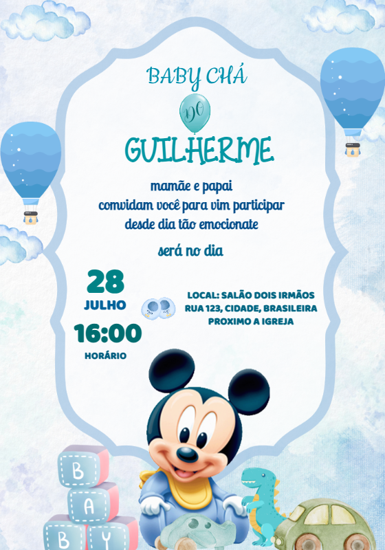 Convite Chá de Bebê Mickey Mouse Baby para Editar Online Convite Chá de Bebê Mickey Mouse Baby para Editar Online