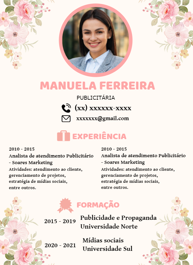 Currículo Profissional Floral com Foto para Editar Online Currículo Profissional Floral com Foto para Editar Online