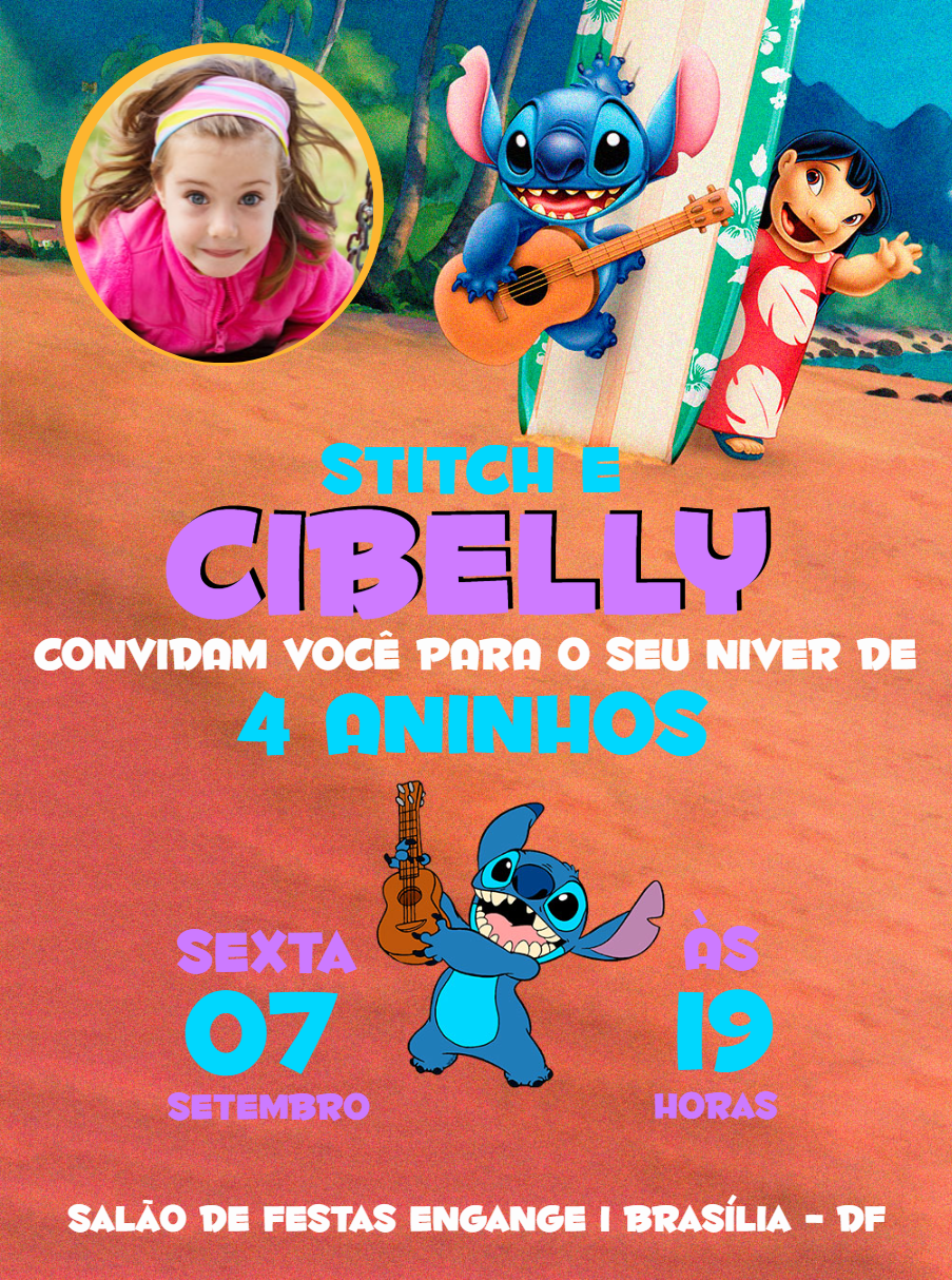 Convite Aniversário Lilo e Stitch com Foto para Editar Online