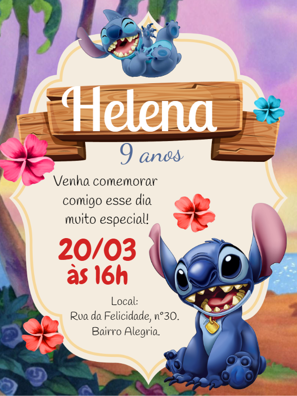 Convite de Aniversário Stitch Tropical para Editar Online Convite de Aniversário Stitch Tropical para Editar Online