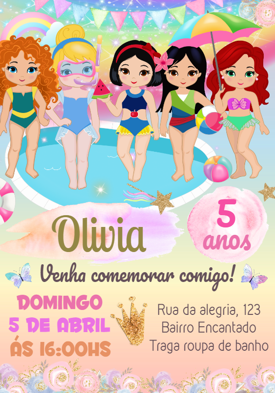Convite Aniversário Pool Party Princesas Disney para Editar Convite Aniversário Pool Party Princesas Disney para Editar