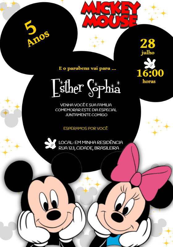Convite de Aniversário Mickey e Minnie Mouse para Editar Online Convite de Aniversário Mickey e Minnie Mouse para Editar Online