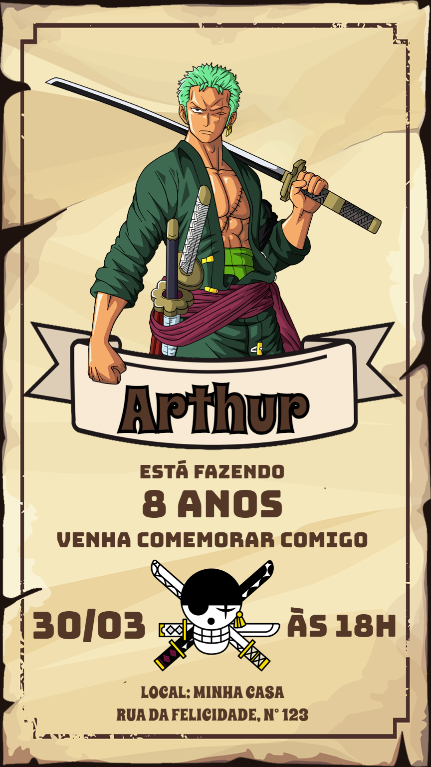 Convite Aniversário Zoro One Piece para Editar Online Convite Aniversário Zoro One Piece para Editar Online