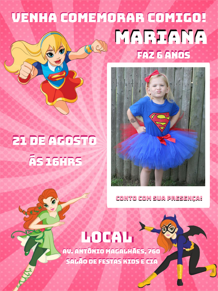 Convite Aniversário Super Hero Girls com Foto para Editar Convite Aniversário Super Hero Girls com Foto para Editar