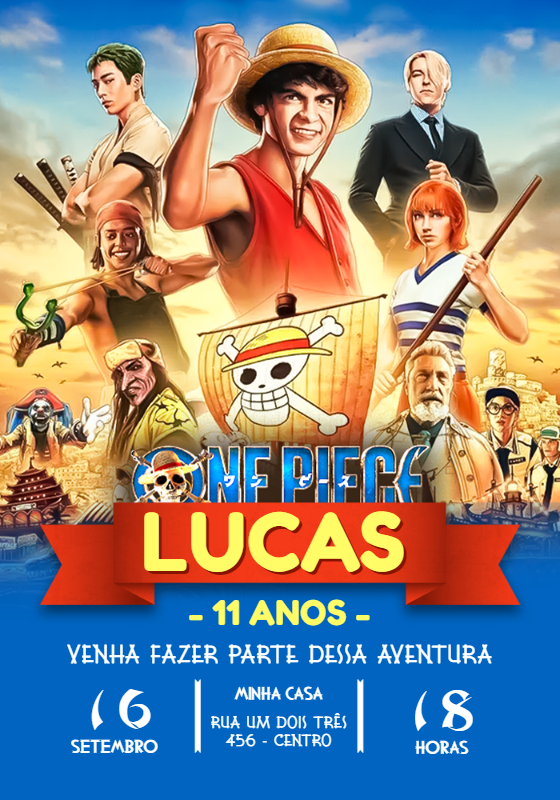 Convite de Aniversário One Piece Live Action para Editar Online Convite de Aniversário One Piece Live Action para Editar Online
