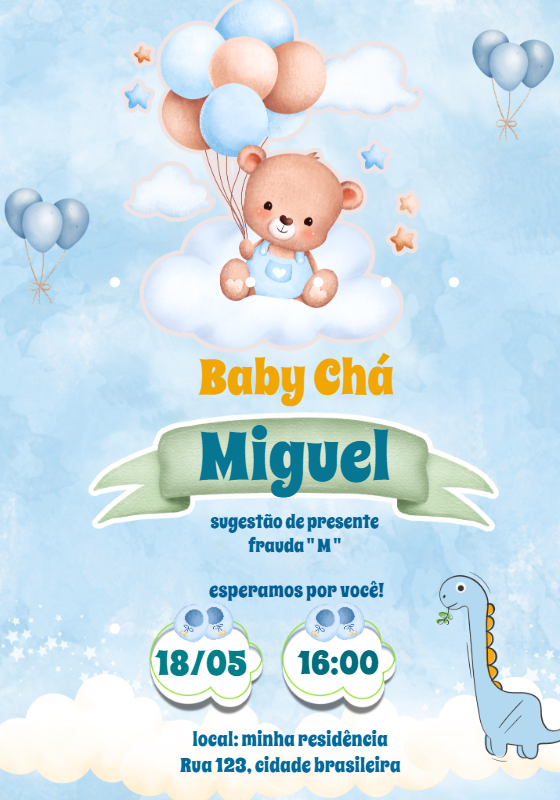 Convite de Chá de Bebê Ursinho e Balões para Editar Online Convite de Chá de Bebê Ursinho e Balões para Editar Online
