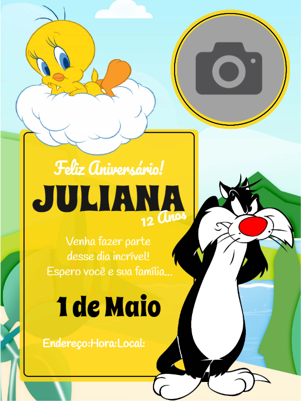 Convite Aniversário Piu Piu e Frajola com Foto para Editar Convite Aniversário Piu Piu e Frajola com Foto para Editar