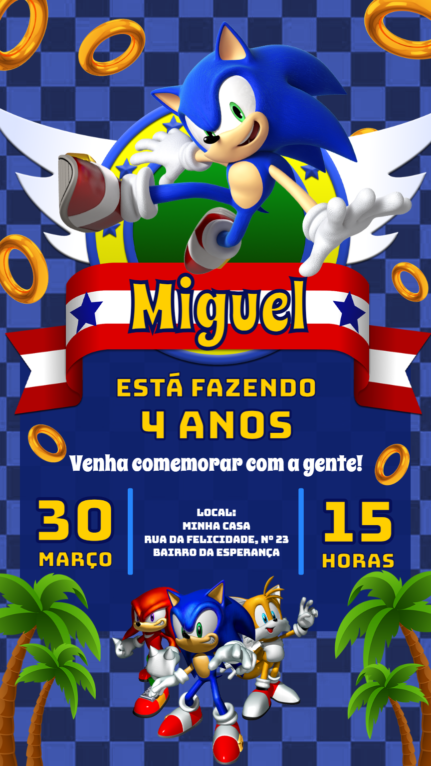 Convite de Aniversário Sonic com Personagens para Editar Online Convite de Aniversário Sonic com Personagens para Editar Online