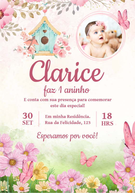 Convite Aniversário Jardim Encantado com Foto para Editar Convite Aniversário Jardim Encantado com Foto para Editar