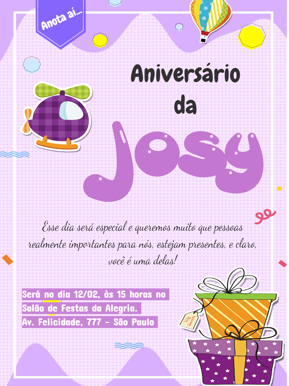 Convite Aniversário Infantil Helicóptero Lilás para Editar