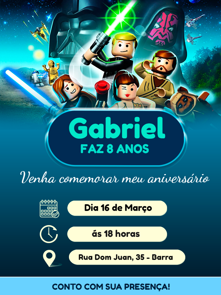 Convite de Aniversário Lego Star Wars com Personagens para Editar Convite de Aniversário Lego Star Wars com Personagens para Editar