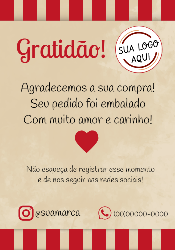 Cartão de Agradecimento ao Cliente Editável com Listras Vermelhas Cartão de Agradecimento ao Cliente Editável com Listras Vermelhas