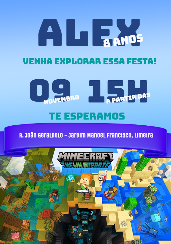 Convite de Aniversário Minecraft The Wild Update para Editar Convite de Aniversário Minecraft The Wild Update para Editar