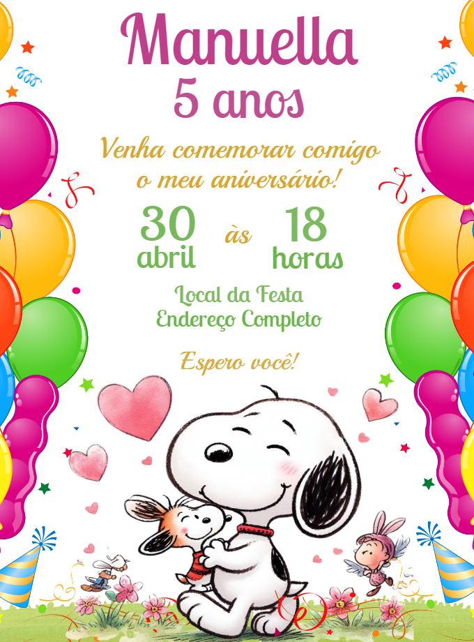 Convite de Aniversário Snoopy Fofo para Editar e Imprimir Convite de Aniversário Snoopy Fofo para Editar e Imprimir