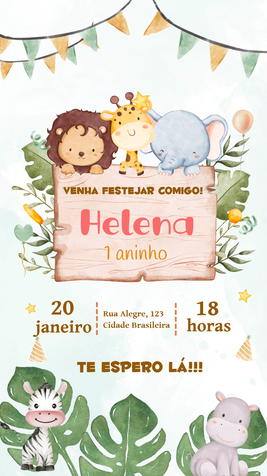 Convite de Aniversário Safari Aquarela com Animais para Editar Convite de Aniversário Safari Aquarela com Animais para Editar