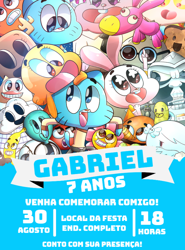 Convite Aniversário O Incrível Mundo de Gumball para Editar Convite Aniversário O Incrível Mundo de Gumball para Editar