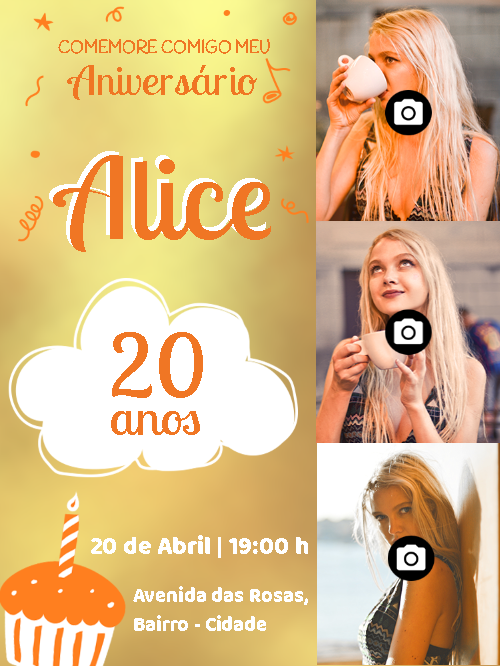 Convite de Aniversário com Fotos Dourado para Editar Online