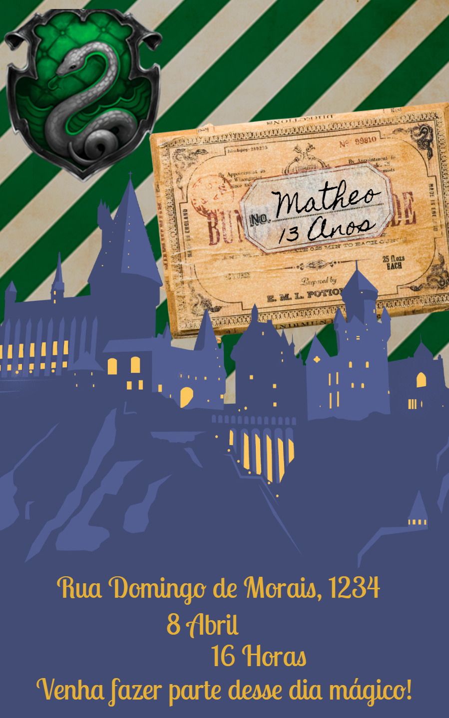 Convite Aniversário Harry Potter Sonserina para Editar Online Convite Aniversário Harry Potter Sonserina para Editar Online