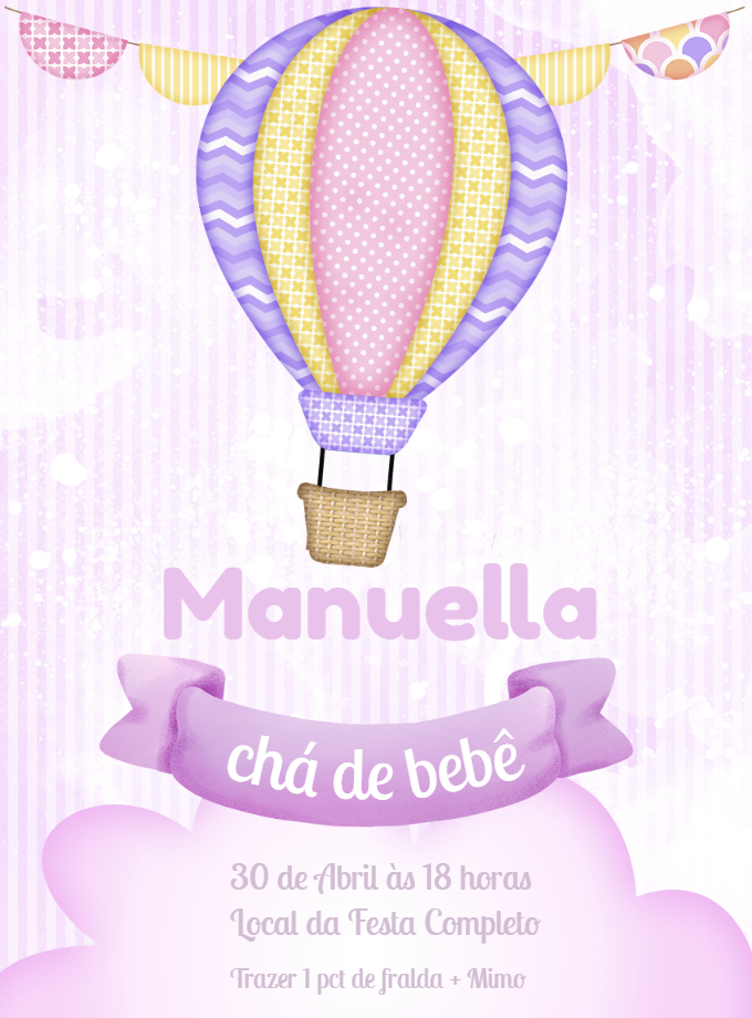 Convite Chá de Bebê Balão Menina para Editar Online Convite Chá de Bebê Balão Menina para Editar Online