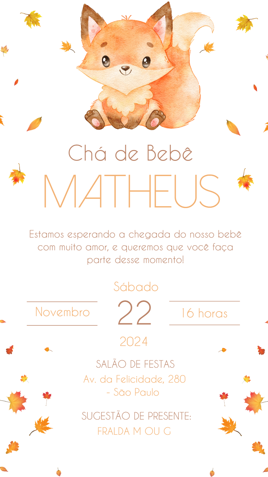 Convite Chá de Bebê Raposa Aquarela para Editar Online Convite Chá de Bebê Raposa Aquarela para Editar Online