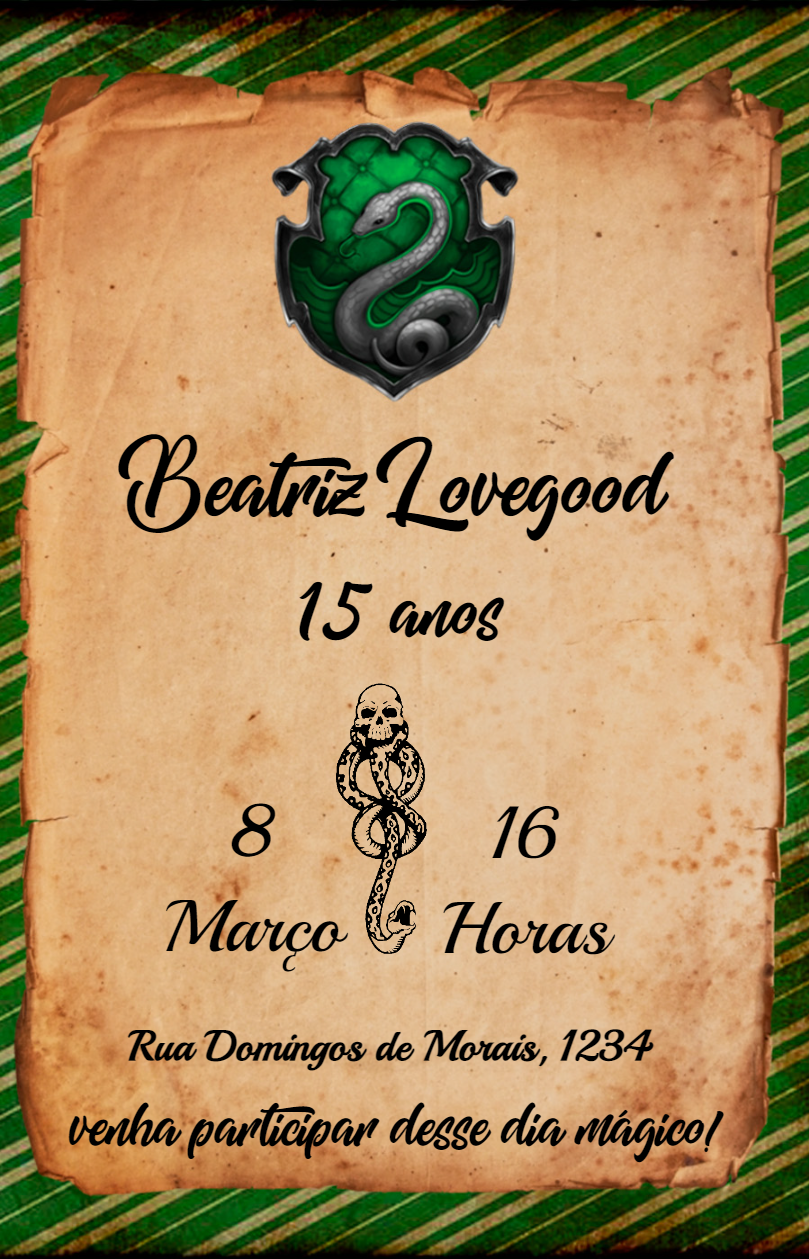 Convite Aniversário Harry Potter Sonserina para Editar Online