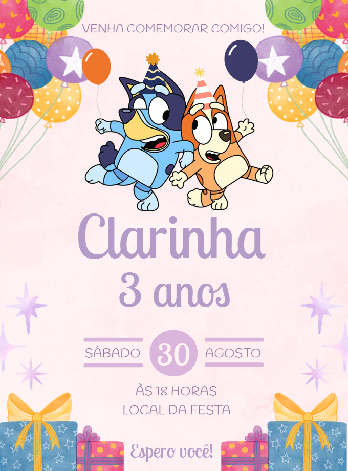 Convite de Aniversário Bluey e Bingo para Editar Online Convite de Aniversário Bluey e Bingo para Editar Online