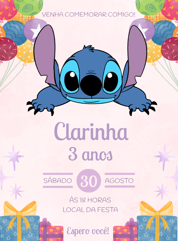 Convite de Aniversário do Stitch Editável Online Convite de Aniversário do Stitch Editável Online