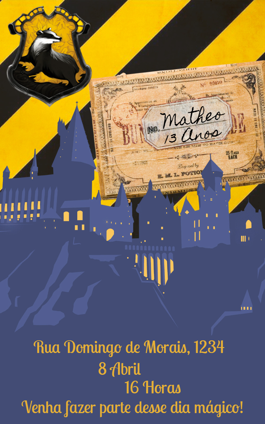 Convite de Aniversário Harry Potter Lufa-Lufa para Editar Convite de Aniversário Harry Potter Lufa-Lufa para Editar