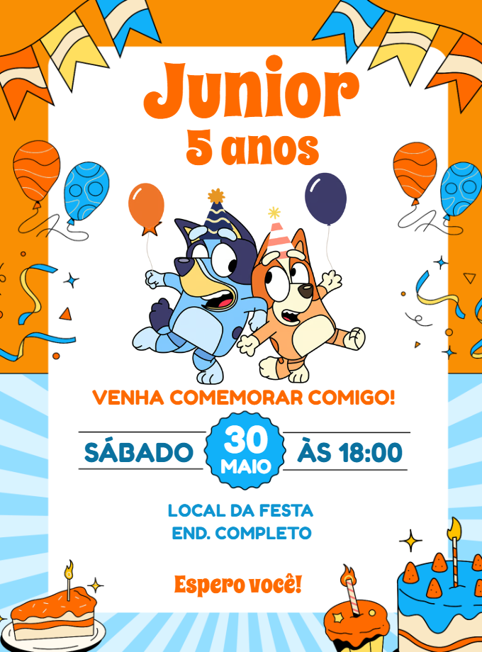 Convite de Aniversário Bluey e Bingo para Editar Online Convite de Aniversário Bluey e Bingo para Editar Online