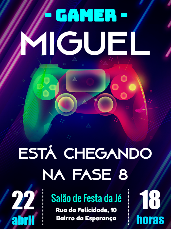 Convite de Aniversário Gamer Neon com Controle para Editar Online Convite de Aniversário Gamer Neon com Controle para Editar Online