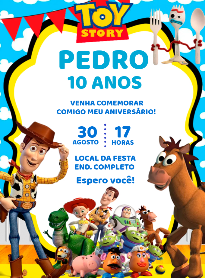 Convite de Aniversário Toy Story com Personagens para Editar Convite de Aniversário Toy Story com Personagens para Editar
