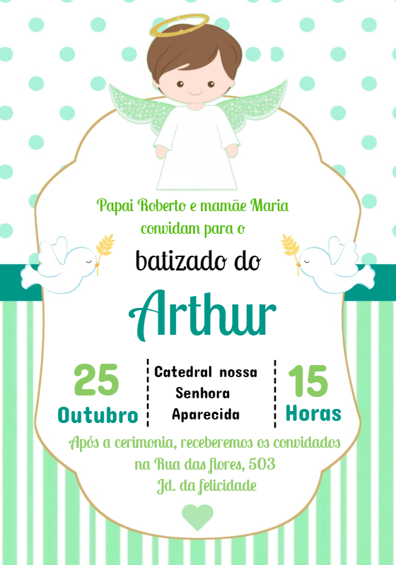 Convite Batizado Menino Anjo Verde Editável para Imprimir Convite Batizado Menino Anjo Verde Editável para Imprimir