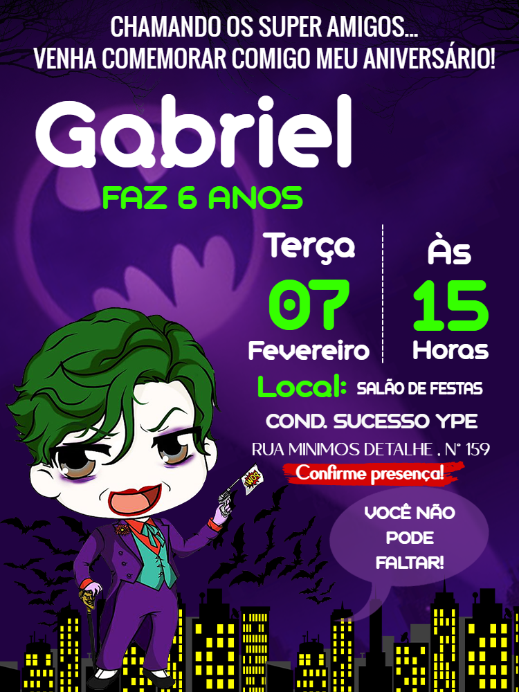 Convite de Aniversário do Coringa Baby Editável Online Convite de Aniversário do Coringa Baby Editável Online