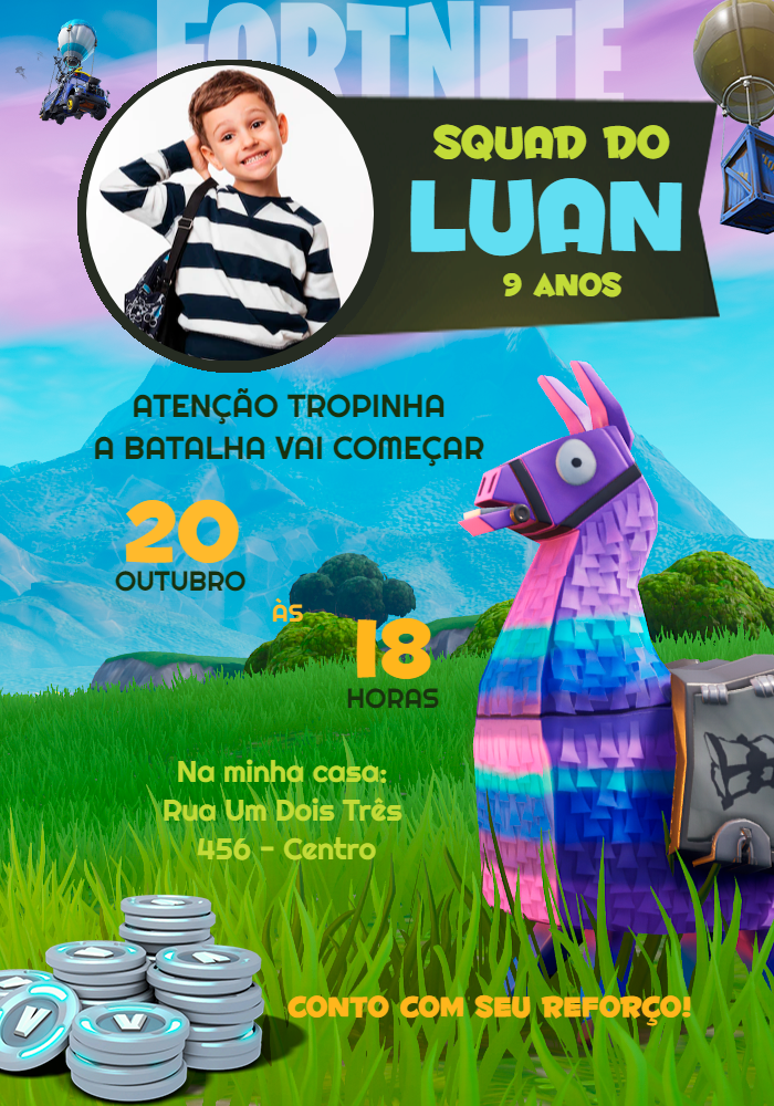 Convite Aniversário Fortnite com Foto para Editar Online Convite Aniversário Fortnite com Foto para Editar Online