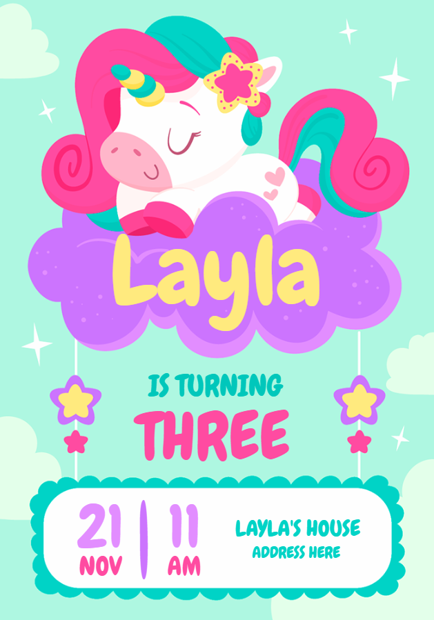 Cute Unicorn Birthday Invitation Template to Edit Online Cute Unicorn Birthday Invitation Template to Edit Online