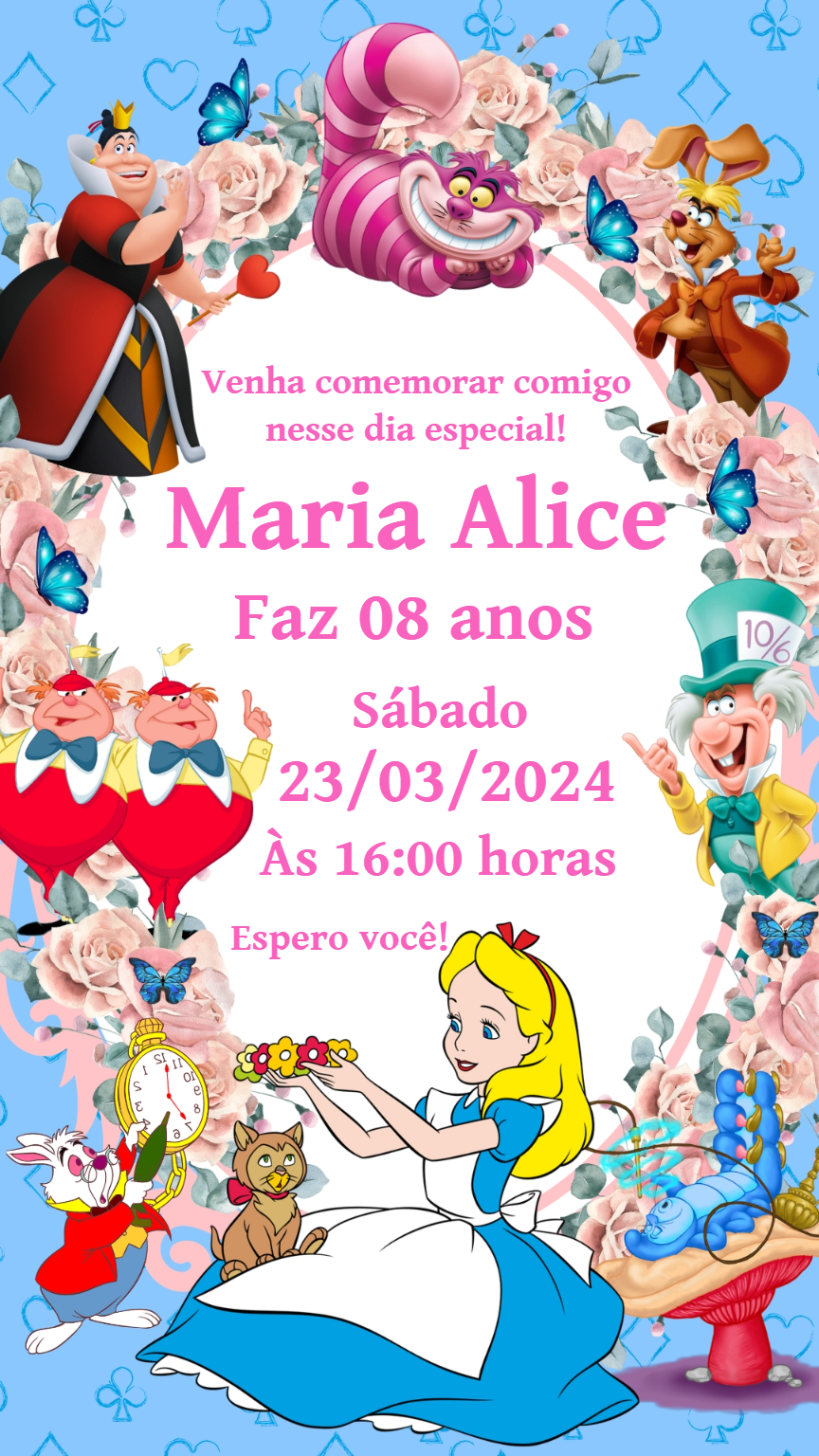 Convite Aniversário Alice no País das Maravilhas para Editar Online Convite Aniversário Alice no País das Maravilhas para Editar Online