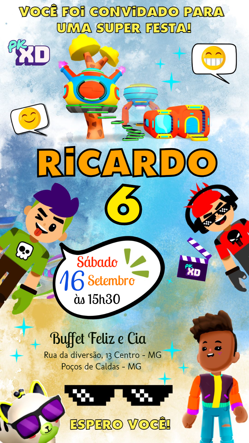 Convite de Aniversário PK XD com Personagens para Editar Online Convite de Aniversário PK XD com Personagens para Editar Online