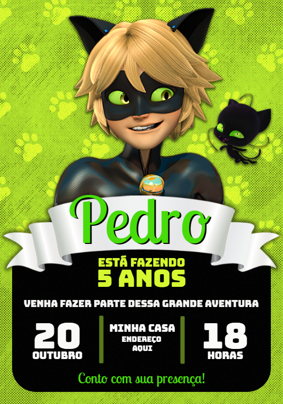 Convite de Aniversário Cat Noir para Editar Online Convite de Aniversário Cat Noir para Editar Online