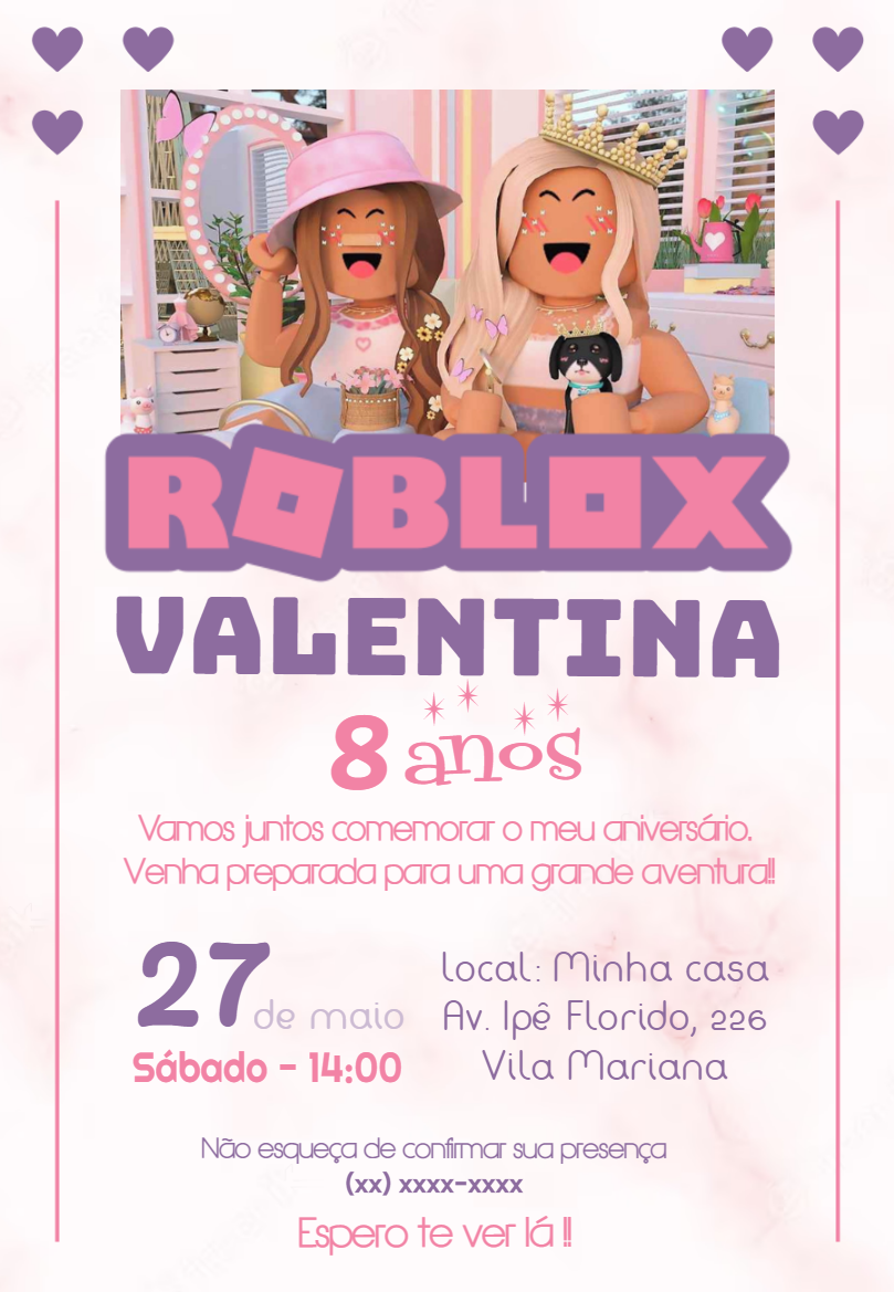 Convite Aniversário Roblox Menina para Editar Online Convite Aniversário Roblox Menina para Editar Online