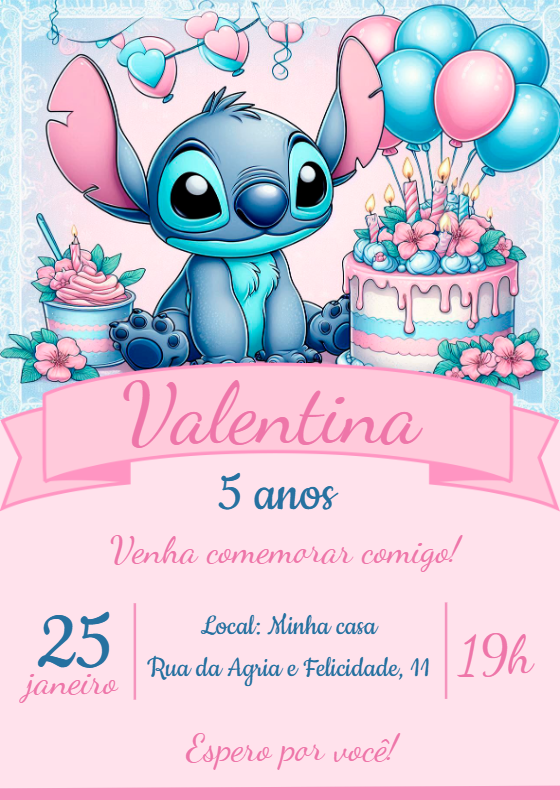 Convite de Aniversário Stitch Rosa e Azul para Editar Online Convite de Aniversário Stitch Rosa e Azul para Editar Online