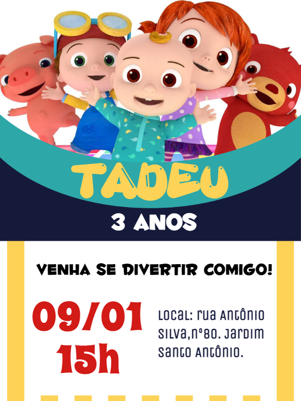 Convite de Aniversário Cocomelon com Personagens para Editar Convite de Aniversário Cocomelon com Personagens para Editar