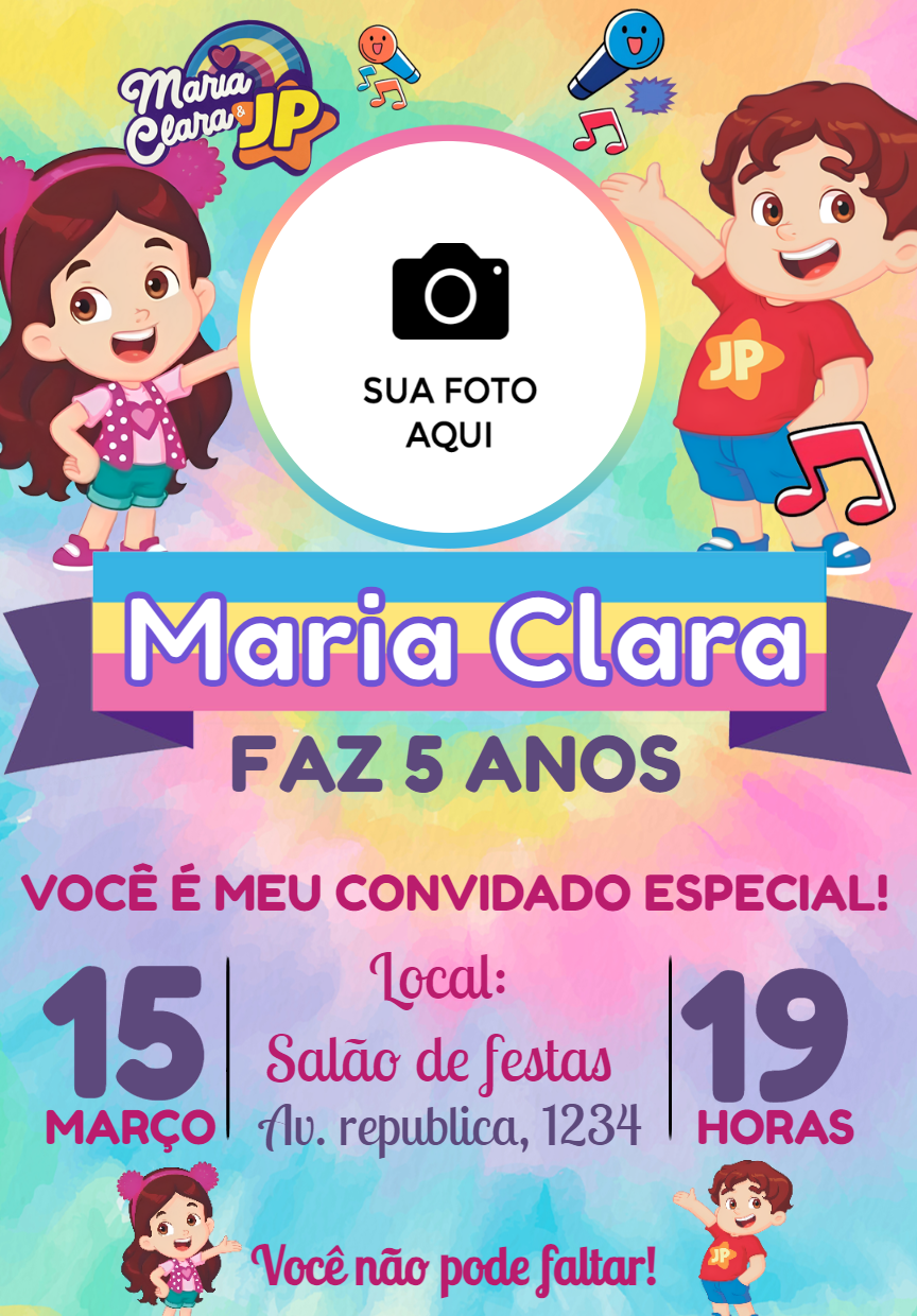 Convite de Aniversário Maria Clara e JP com Foto para Editar Convite de Aniversário Maria Clara e JP com Foto para Editar