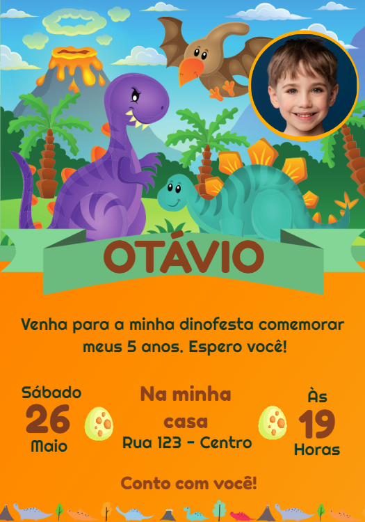 Convite de Aniversário Dinossauros com Foto para Editar Online Convite de Aniversário Dinossauros com Foto para Editar Online