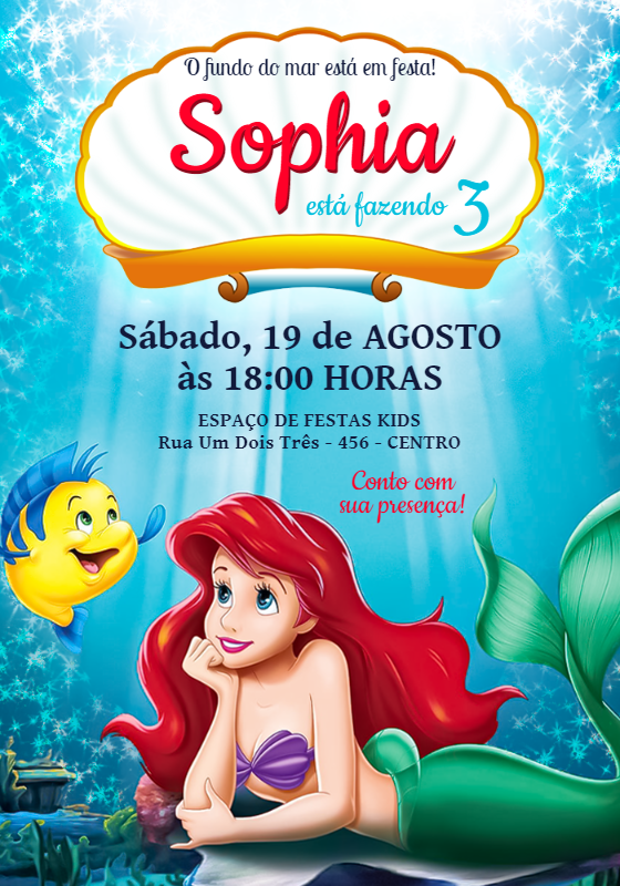 Convite de Aniversário Pequena Sereia Ariel para Editar Online Convite de Aniversário Pequena Sereia Ariel para Editar Online
