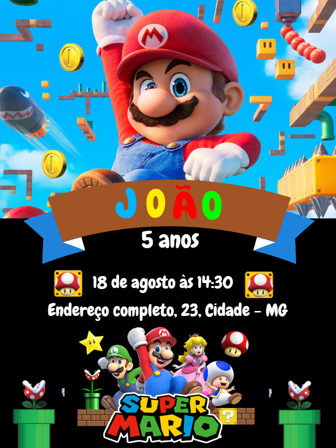 Convite Aniversário Super Mario Bros Filme para Editar Online Convite Aniversário Super Mario Bros Filme para Editar Online