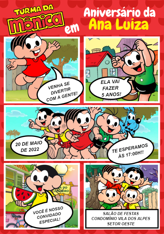 Convite de Aniversário Turma da Mônica para Editar Online Convite de Aniversário Turma da Mônica para Editar Online