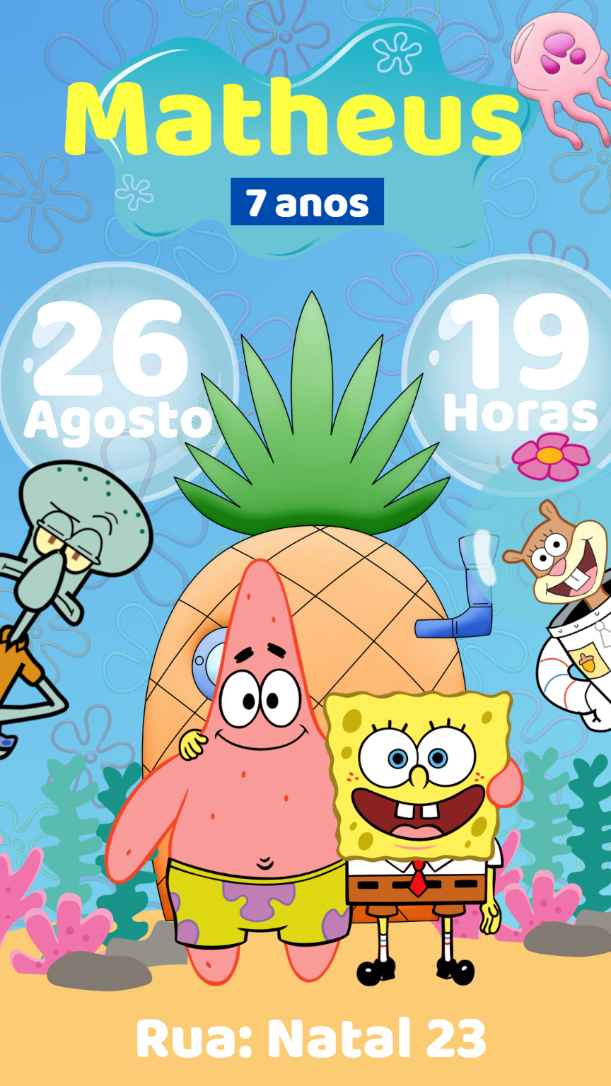 Convite de Aniversário Bob Esponja e Turma para Editar Convite de Aniversário Bob Esponja e Turma para Editar